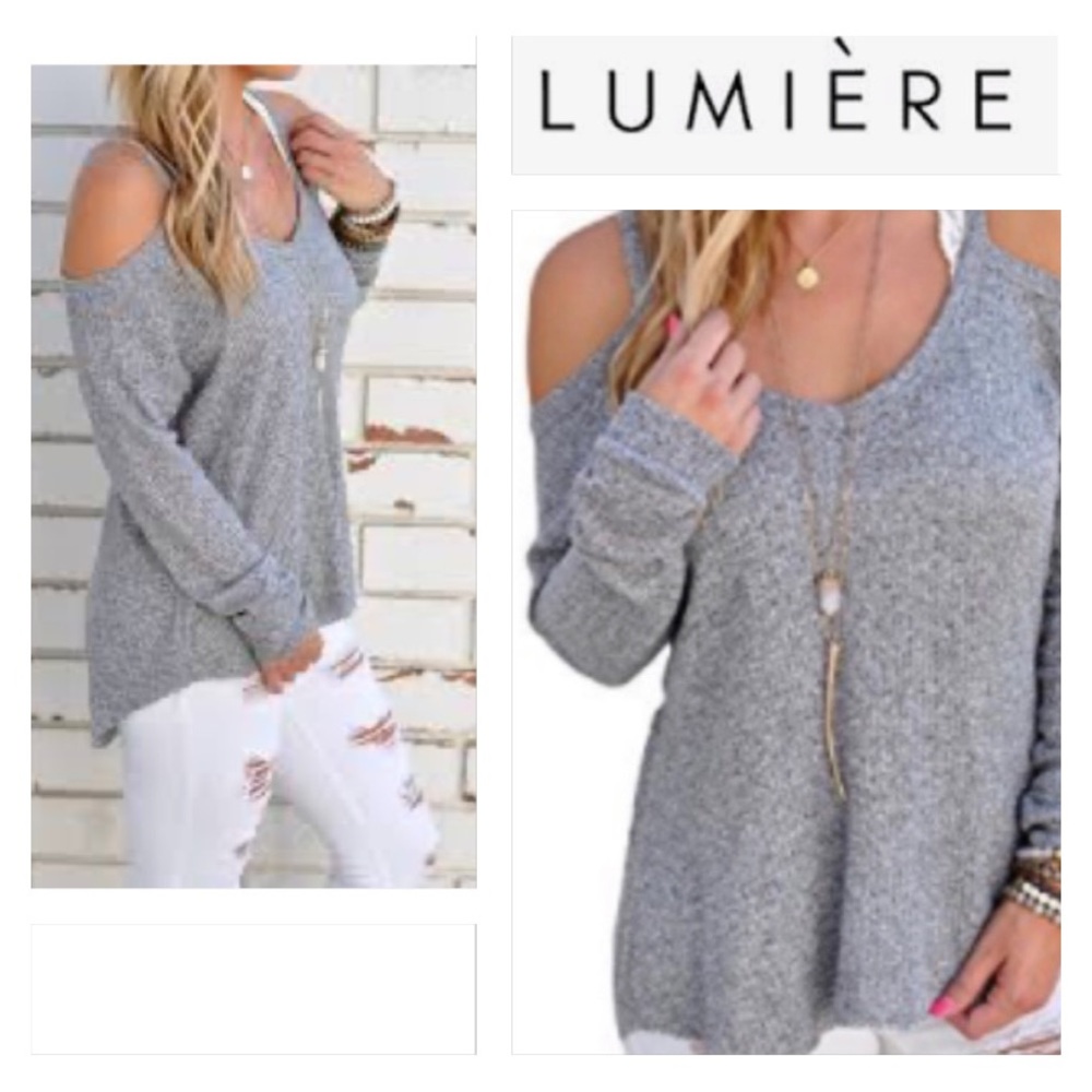 LUMIERE Gray Cold Shoulder Sweater V-Neck Donegal Knit Size S - Picture 5 of 10